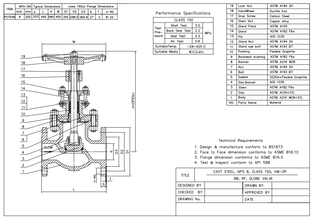 Body WCB, 8" 150LB Cast Steel Globe Valve, RF Connection, Handwheel