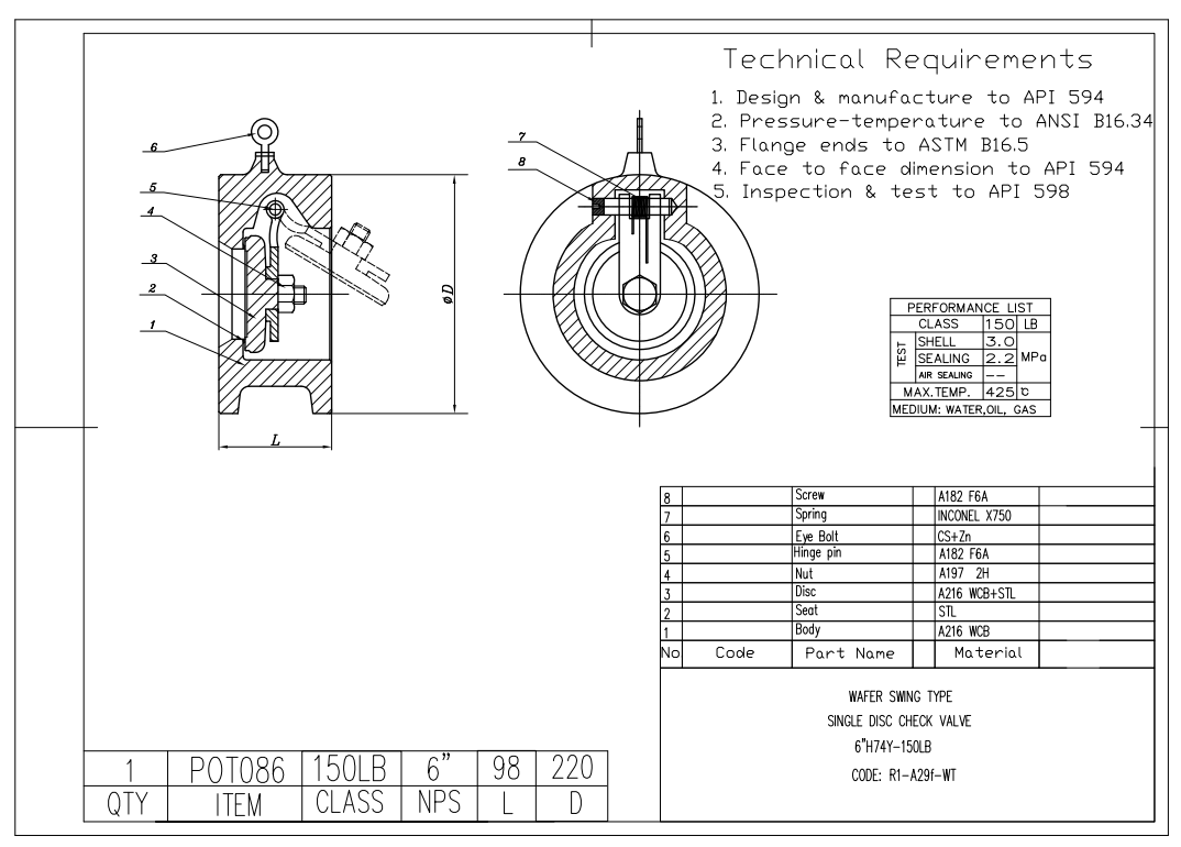 Wafer Connection, 6" 150LBS Single Disc Swing Type Check Valve, Body WCB