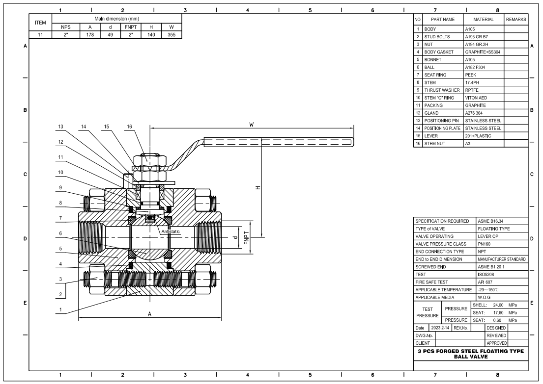 ASME B16.34, DN50 PN160 3 Pieces Floating Ball Valve, F NPT Connection, Lever, Body A105