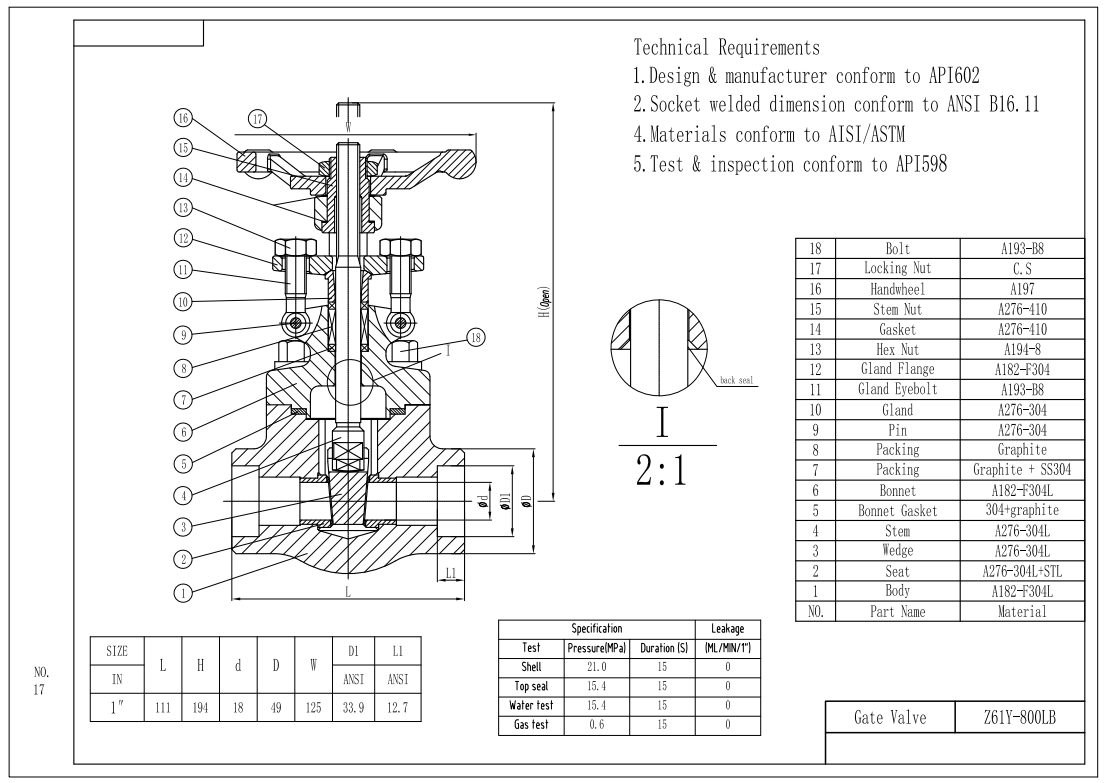 SW Connection, 1'' 800LB Forged Steel Gate Valve, Body F304L, API602, Handwheel