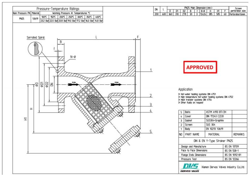 DN200 PN25 Y Type Strainer, RF Connection, Body 1.0619, BS EN 13709