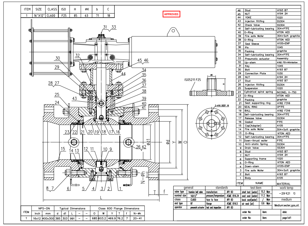 Pneumatic Actuator, 16" x 12" 600LB Trunnion Mounted Ball Valve, Body A105, API6D