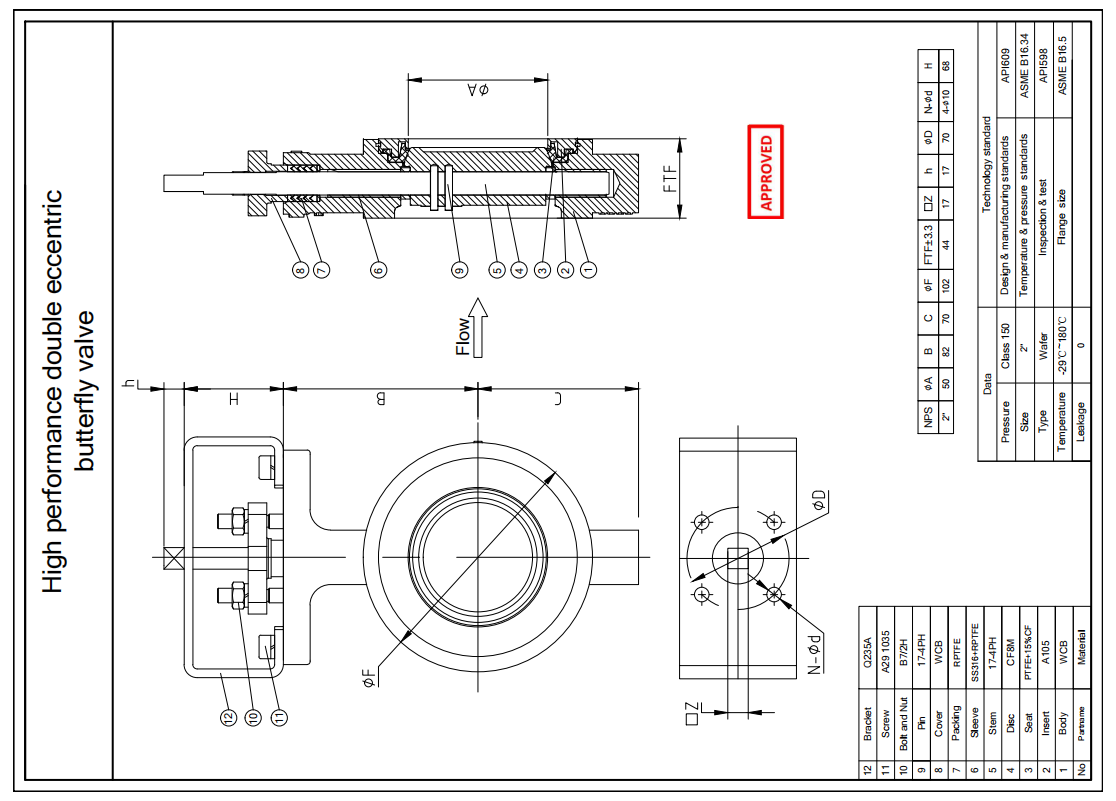 API609, 2" 150LB Double Eccentric Butterfly Valve, Wafer, Body WCB