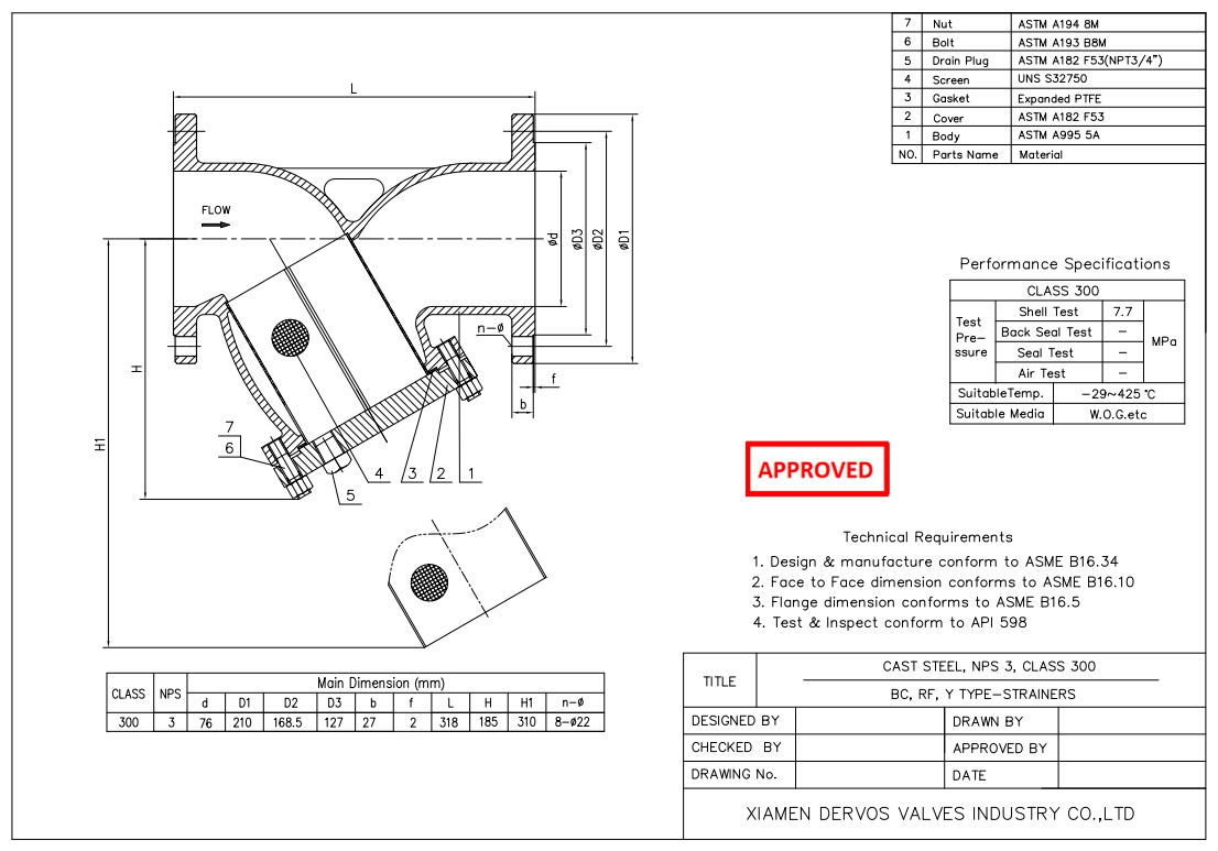 RF Connection, 3" 300LB Y Type Strainer, ASME B16.34, Body A995 5A