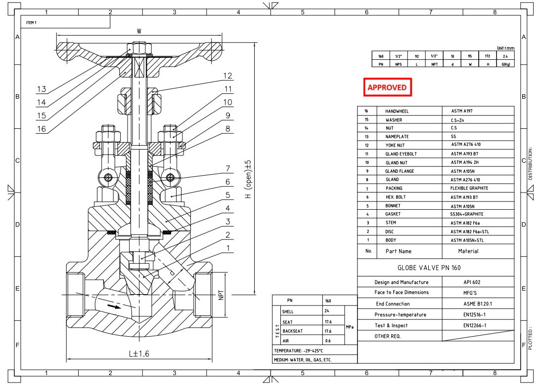 1/2" PN160 Forged Steel Globe Valve, FNPT Connection, Body A105N, API602