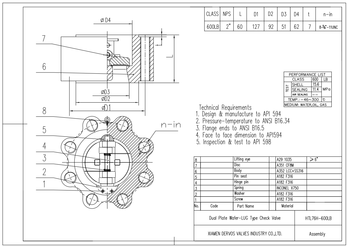 Lug Type, 2" 600LB Dual Plate Wafer Check Valve, Body LCC, API594
