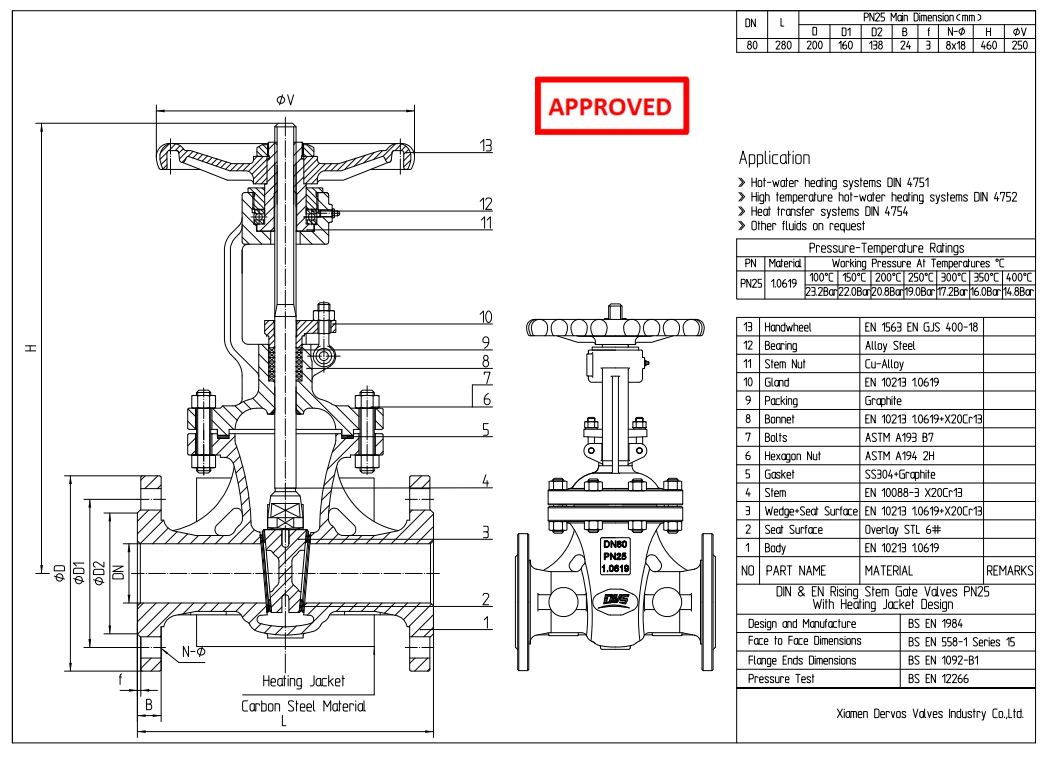 DN80 PN25 Cast Steel Gate Valve, Body 1.0619, EN1984, Handwheel