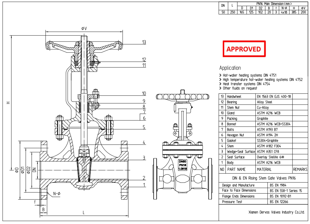 Body WCB, DN50 PN16 Cast Steel Gate Valve, EN1984, Handwheel